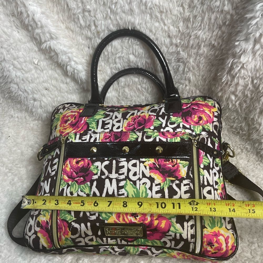 Betsey Johnson Nylon colorful large laptop shoulder bag black patent trim &strap - Picture 10 of 14